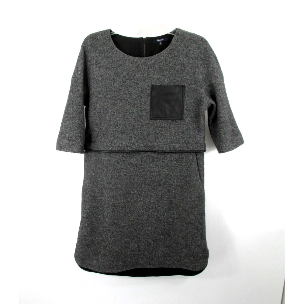 MADEWELL Midi Career Shift Dress Women Medium Gray Wool Blend Leather Popover